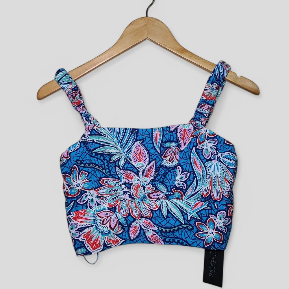 Rachel Zoe Blue & Pink Floral Cropped Tank Top Smocked Back Size XS NWT Resort